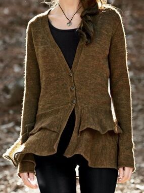 Peruvian Connection Wool Baby Alpaca Ruffle Hem V-Neck Button Cardigan Brown XL
